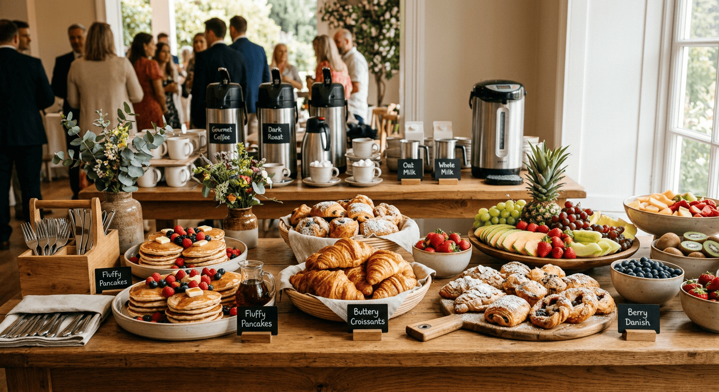 Firefly_Gemini Flash_catering breakfast buffet with croissants, pastries, pancakes, fresh fruits and coffe 253503