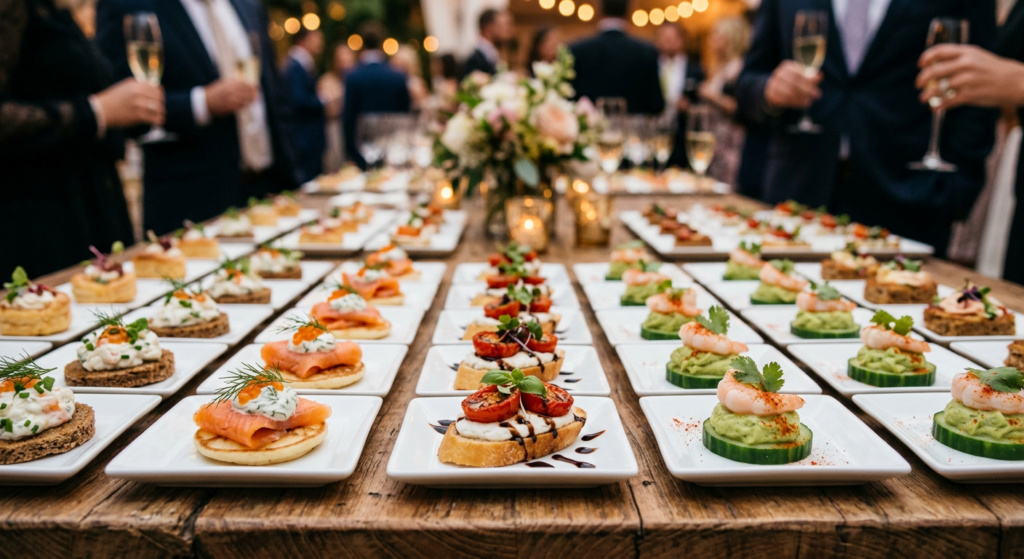 Firefly_Gemini Flash_elegant catering finger foods arranged in rows on small white plates, gourmet cocktai 253503