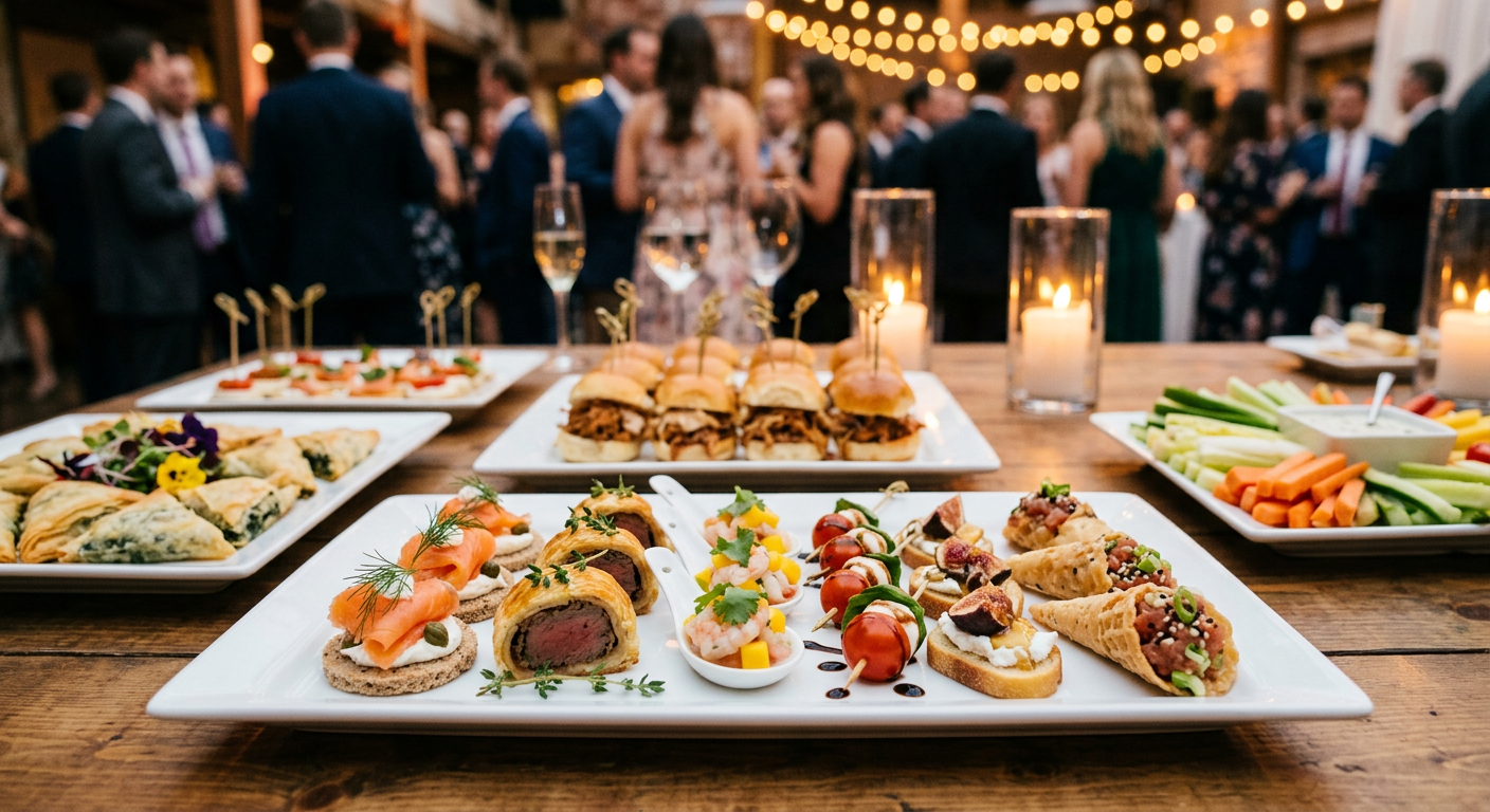 Firefly_GeminiFlash_catering trays with assorted gourmet cocktail bites, elegant finger foods arranged ne 195548